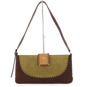 Salvatore Ferragamo Hobo Suede Bag Brown Khaki Brown Green Flat Shoulder One